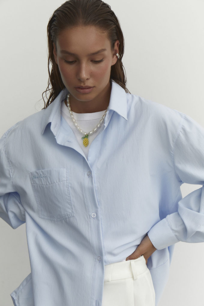 Сорочка оверсайз з вишивкою у смужку блакитна - THE LACE фото 119785